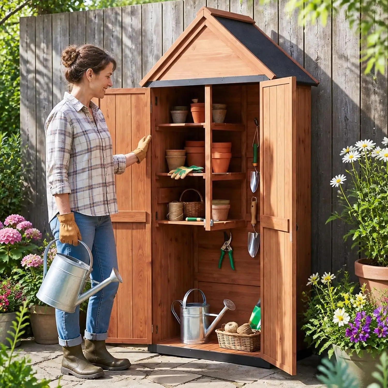 Jolydale Solid Wood Outdoor Cabinet with Asphalt Roof, Magnetic Door & Floor – Tool Organizer for Patio, Garden & Garage, 2.5'x1.4'