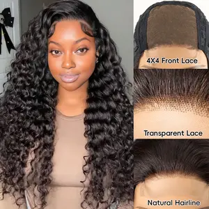 RAGMZZE 16–30Inches Deep Wave And Body Wave Wig ,100% Unprocessed Burmese Virgin Human Hair Extensions , 4*4Transparent Front Lace ,Glueless Wear, Upgraded Density (180%), Easy to Install, Natural Hairline .