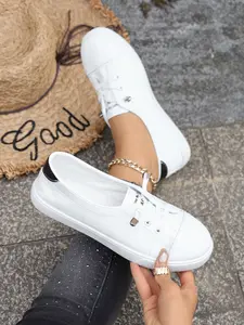 Fashion PU Leather Sneakers, Women's Casual Low Top Shoes, Footwear, Lightweight Sporty Flat Sandals, Soft Sole Anti-Slip, Spring & Fall, Walking Shoes