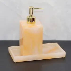 Soap Dispenser And Tray Set with a Marble Appearance, Suitable for Bathroom Decor in Apartments And Hotels, Featuring a Resin Bathroom Accessory