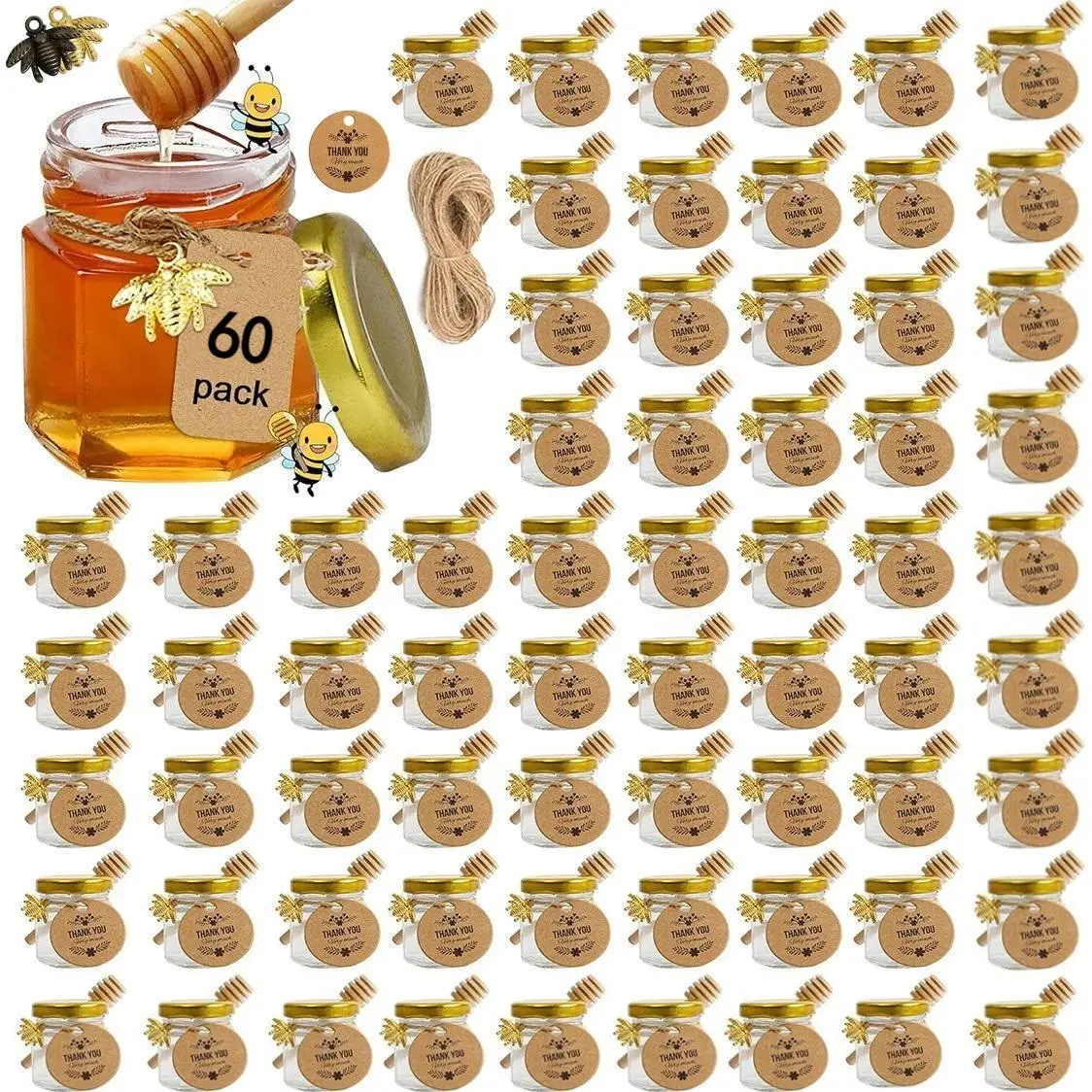 1.5 oz Aesthetic Traditional Hexagon Glass Honey Jars Set - 60 Glass Bottles with Wooden Dippers, Gold Metal Lids, Bee Pendant Ropes for Wedding Favors, Home Supplies Organization