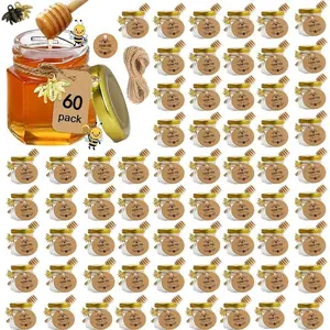 Mini Glass Honey Jars 1.5 oz 60 pcs Hexagon Jars with Wooden Dipper Gold Lid Bee Pendant Rope for Wedding Favors Party Favors Storage Bottles Organiser Canister