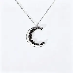 Mother's Day Special Unique Thoughtful Gift for Women, Witchy Witchtok Jewelry, Minimalist Long Pendant Necklace with 925 Gold Vermeil Crescent Moon and Black Crystal Accents