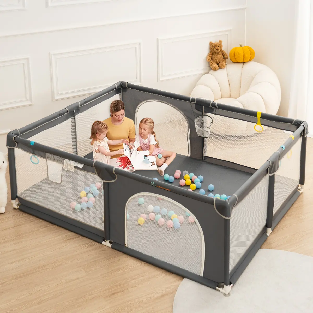 CAVEEN Baby Playpen, 78.7" x 78.7" x 27" Extra Large Playard, Portable Soft Mesh Sturdy Pipe Ample Space for abies and Toddler, Safe and Non-Slip Baby Fence, Full Mesh Design, Indoor & Outdoor Kids Activity Center, Dark Grey