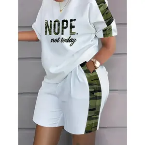 Plus Size Outfits Two Piece Set, Women's Plus Letter Print Contrast Panel Short Sleeve Tee & Shorts Outfits 2 Piece Set