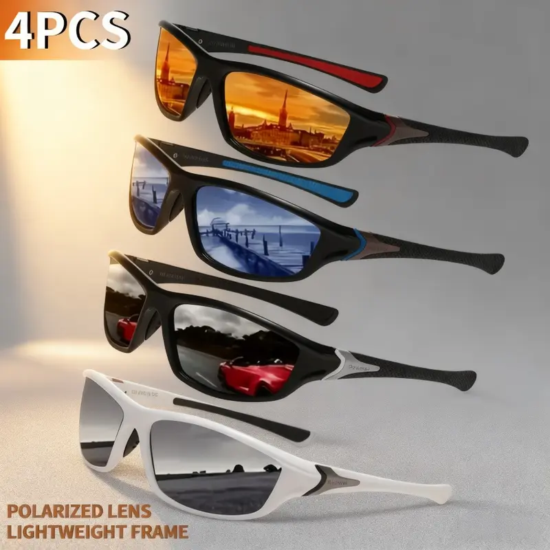 4 Pairs Unisex Vintage Fall Polarized Sports Sunglasses, UV400 Protective Anti-Glare Lenses, Flexible Lightweight Stylish Men's Sunglasses & Glasses for Women, Ideal Gift for Driving, Cycling, Sports Outdoor Sunglasses