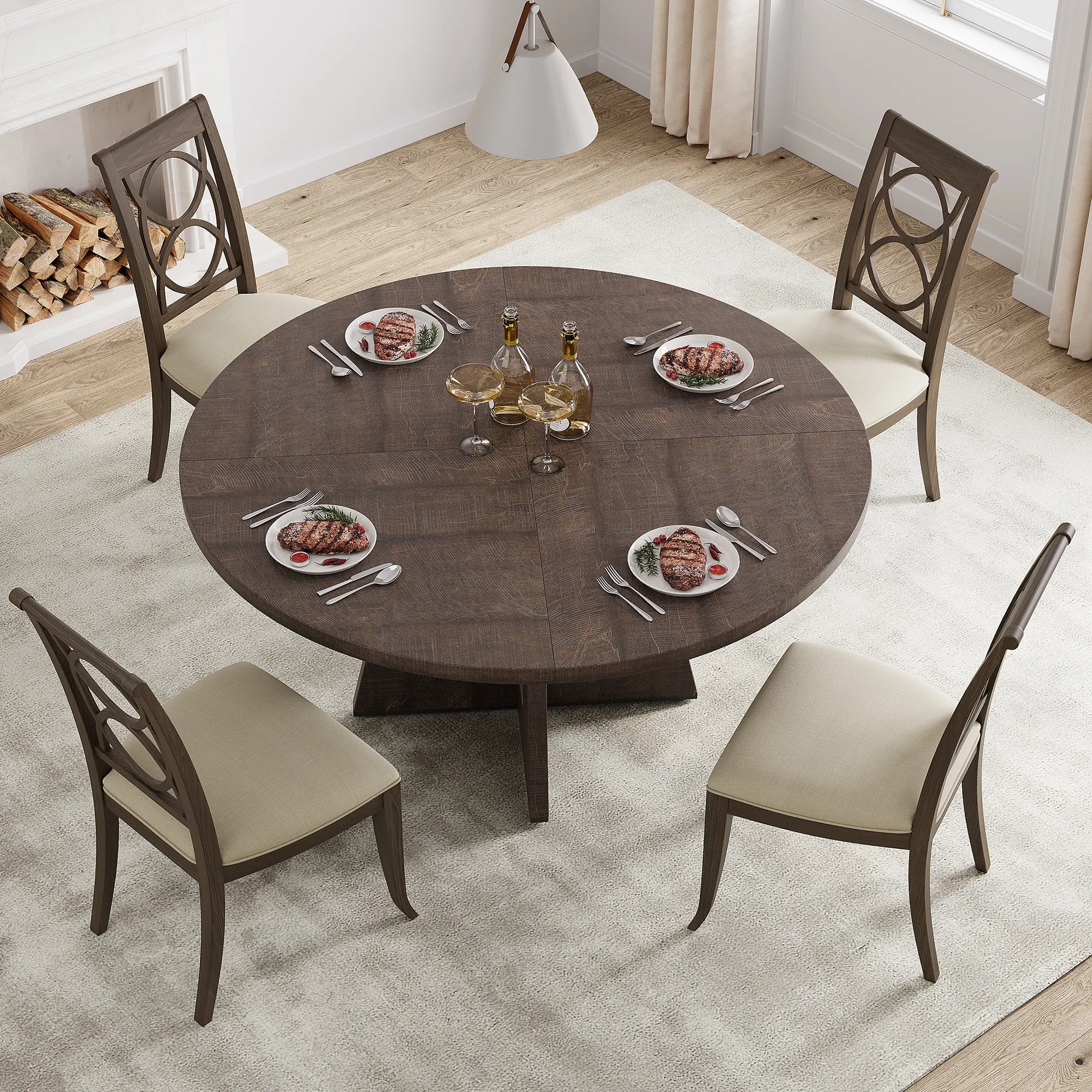 47-Inch Round Large Dining Table Set for 4 to 6, Dinner Table with Wooden Top and Legs for Home Dining Room (No Chairs Included)