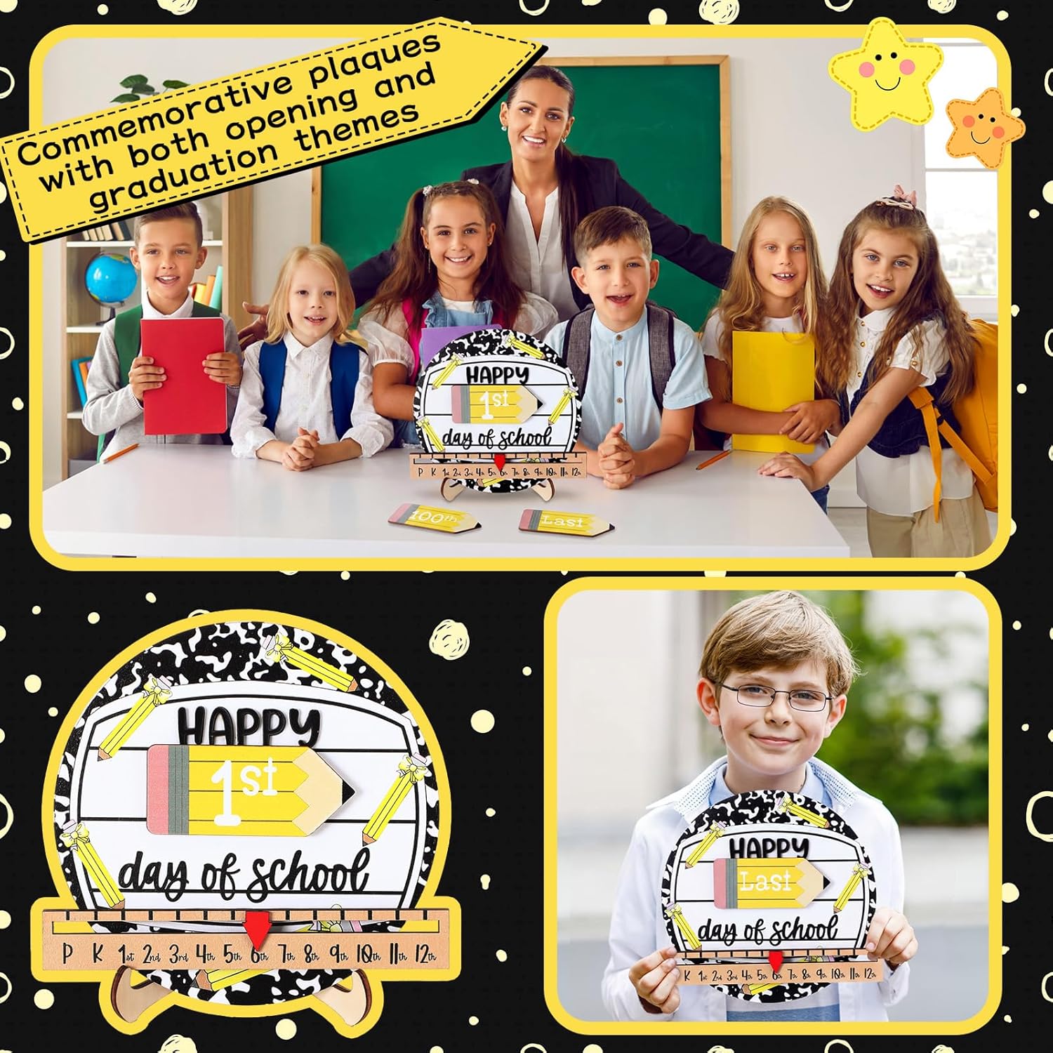 First & Last Day of School Sign Reusable Dry Erase 8" - Back to School Board Gifts Wooden Pencil Style, Cute Pencil Bow Notebook Design for Pre-K Kindergarten Photo Props First Day Last Day Traditions Teachers Parents Essentials Class of 2026