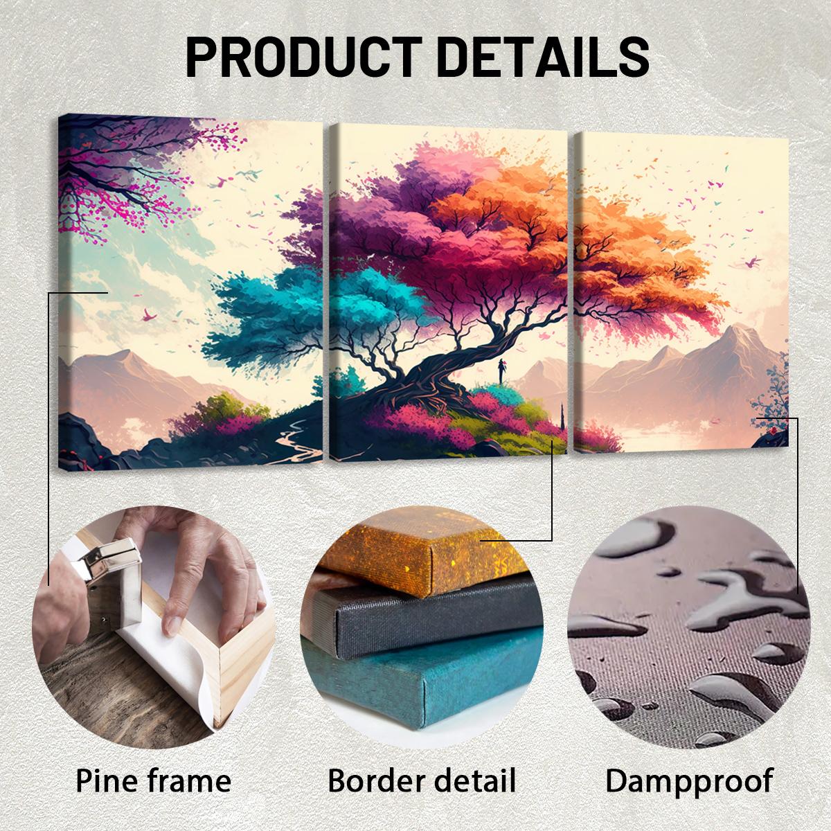 3Pcs Wooden Framed Canvas Painting, Colorful Fantasy Tree And Mountain Landscape, Exquisite Poster, Home Decoration, Pattern Wall Art Decor, For Living Room, Bedroom, Office, Restaurant, Bar Wall Decor, Odorless, Painting, Print Artwork.