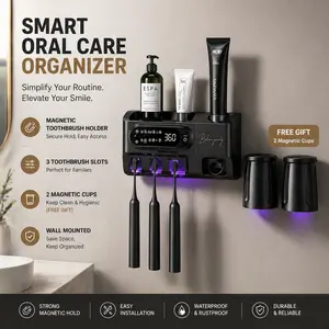Smart Oral Care Organizer with Magnetic Toothbrush Holder 3 Slots 2 Cups Wall Mounted Waterproof Durable & Rustproof