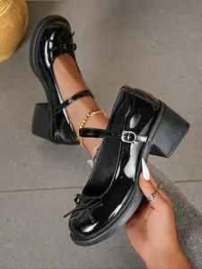 Elegant French Vintage High Heel Mary Jane Shoes for Women, New Arrival Fall Bow Round Toe Small Leather Pumps, Stylish Footwear, Office Shoes