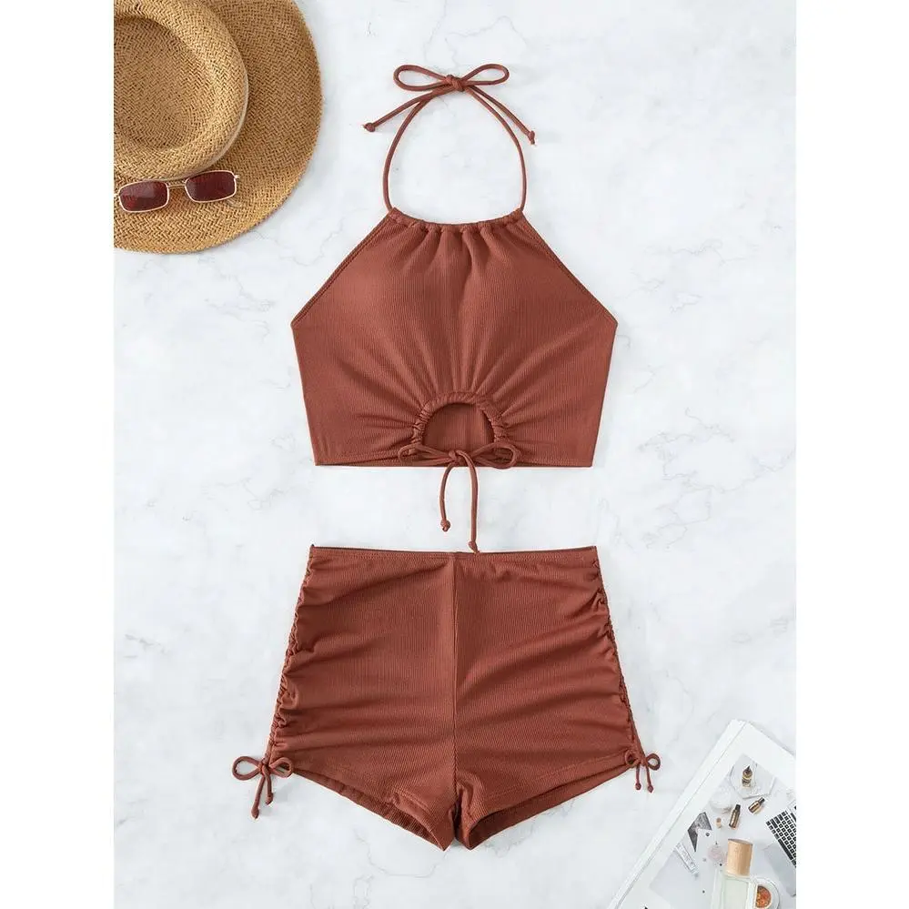 Solid Sporty 2-Piece Set for Women - Nylon Bikini with Wireless Chest Pad and Flat Cut Briefs for Swimming & Beach Wear, Two Piece Set, Female