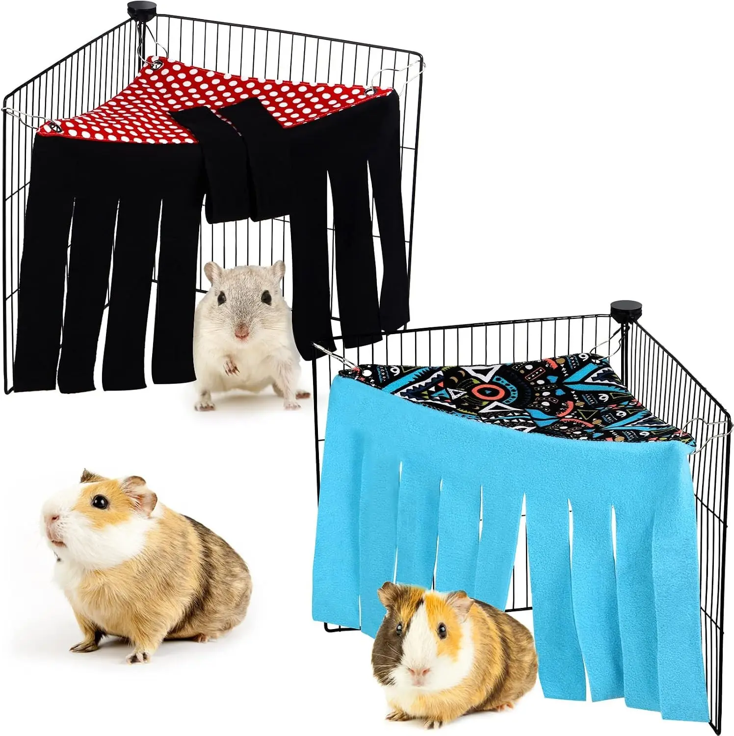 2-Piece Fleece Fabric Corner Hideout Set, Dot Pattern Cage Accessory for Guinea Pigs, Ferrets, Small Pets (Hammock Design), Two Piece Set