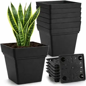 6-Pack 7" Square Planters with Built-in Drainage Tray - Heavy-Duty Black Plastic Planter with Drainage Hole and Bottom Stopper,   Pots Matte Finish for Indoor Outdoor