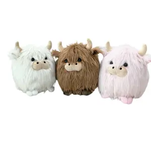 Soft and fluffy highland cow filling toy - available in three colors, a round plush toy with fluffy fur, cute horns, soft feet, suitable for Easter baskets and home decorations.