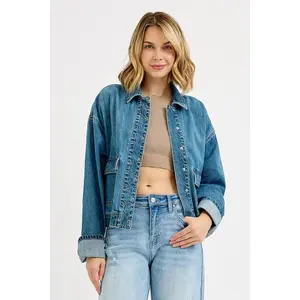 RISEN Oversized Cargo Pocket Denim Jacket with Cuffed Sleeves