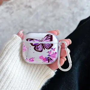 Butterfly in Bloom Pattern Protective Case for AirPods 4/3/2/1/Pro/Pro2 Soft TPU Earphone Cover, Transparent with Keychain