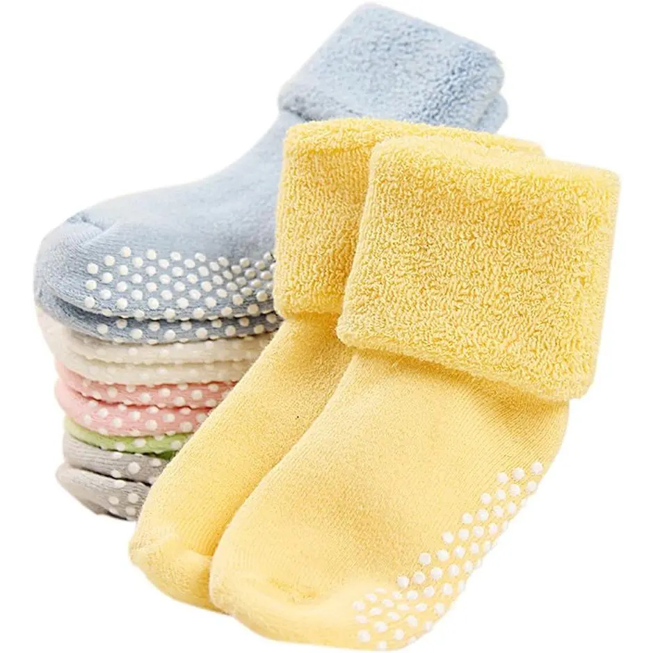 Unisex Kids Ankle & Crew Socks, 6-Pack Thick Cotton Terry Lined Winter Socks for Baby & Toddlers with Non-Slip Grips, Assorted Characters, Animal Character Graphic Calf Socks, Ankle Socks Calf Socks