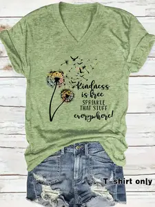 Women's Dandelion & Letter Print V Neck Tee, Casual Short Sleeve T-shirt for Summer, Ladies Clothes for Daily Wear, Top, Womenswear