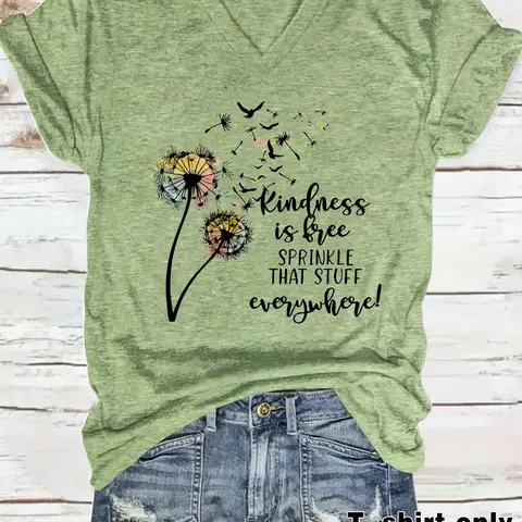 Women's Dandelion, Floral & Graphic Letter Print V Neck Tee, Casual Style Short Sleeve T-shirt for Summer, Ladies Clothes for Daily Wear, Everyday Top, Womenswear