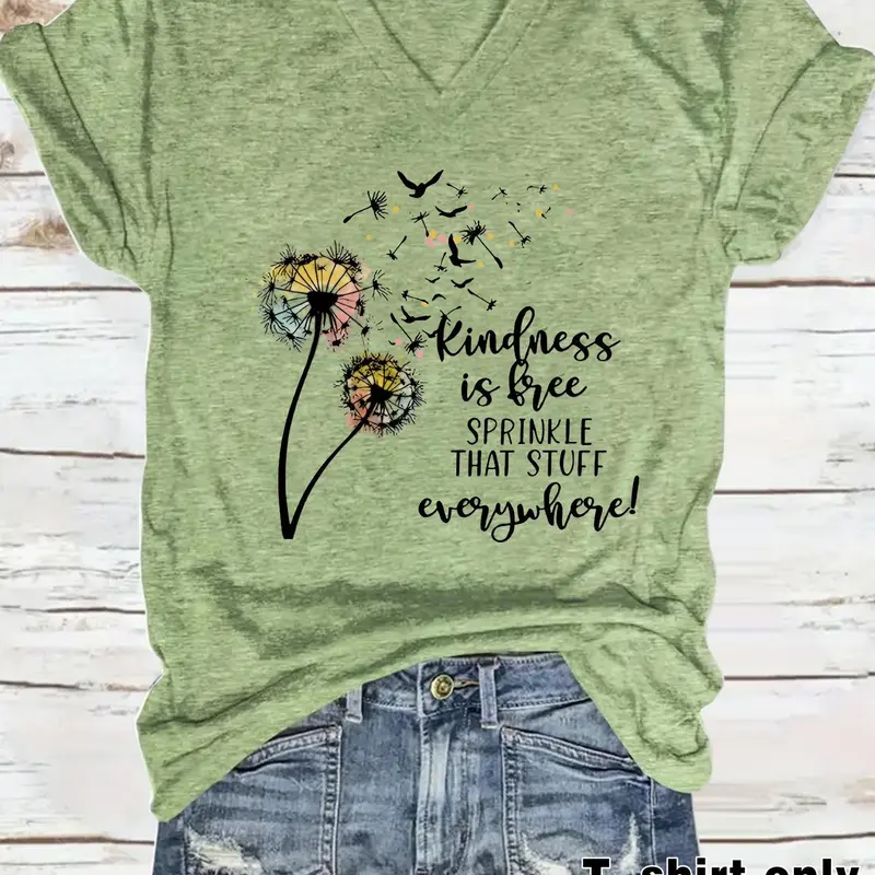 Women's Dandelion, Floral & Graphic Letter Print V Neck Tee, Casual Style Short Sleeve T-shirt for Summer, Ladies Clothes for Daily Wear, Everyday Top, Womenswear