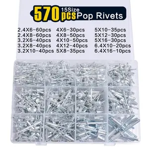 570 PCS Rivets, 15 Size Aluminum Pop Rivets Assortment Kit, Silver Pop Rivet Set including 3/32" 1/8" 5/32" 3/16" 1/4"