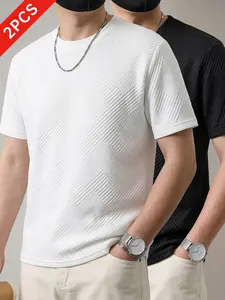 3-pack men’s casual jacquard short-sleeve T-shirts, polyester crew neck knit fabric, solid color tops suitable for everyday summer outings