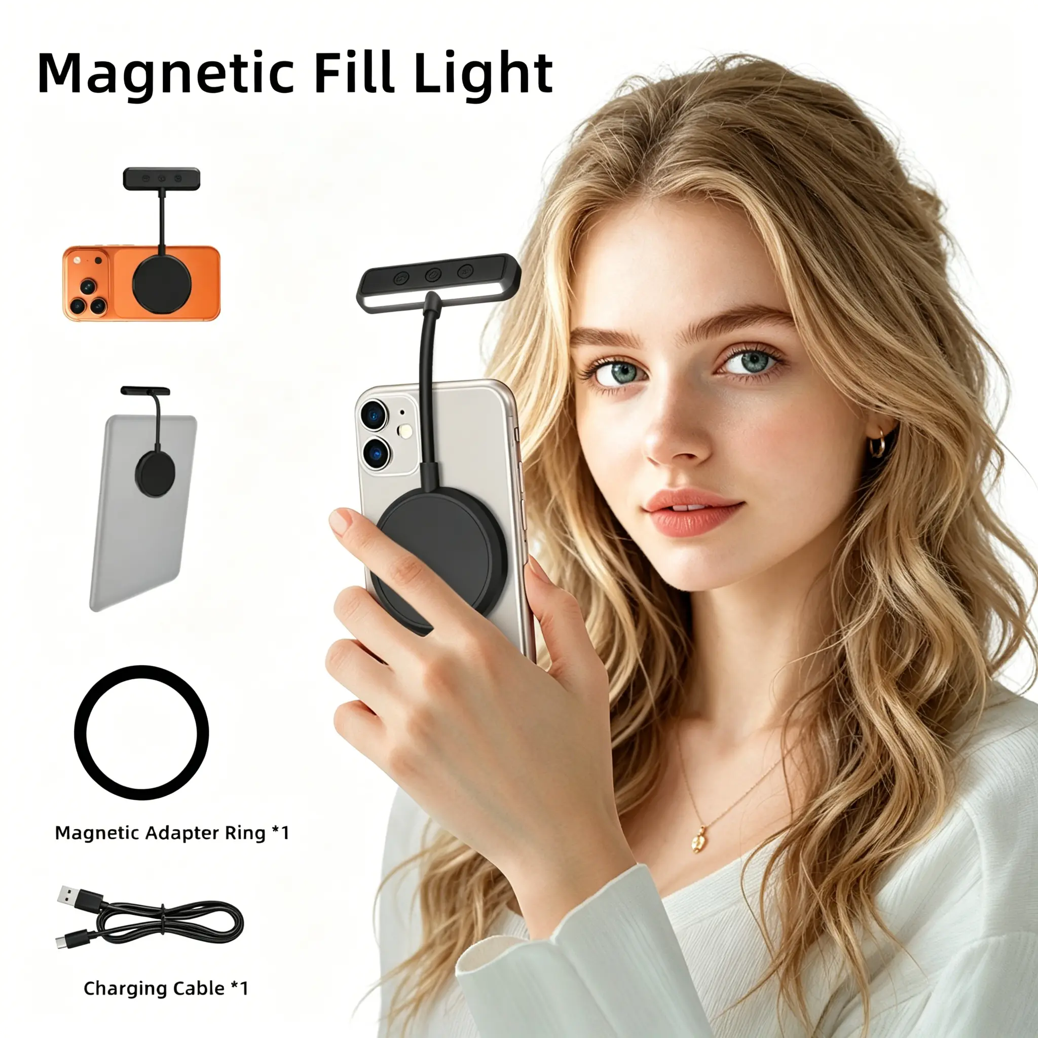 Magnetic LED Selfie Light with Flexible Neck, MagSafe Phone Fill Light, 5 Color Modes Rechargeable Light for Selfie, Video, Reading & Night Light