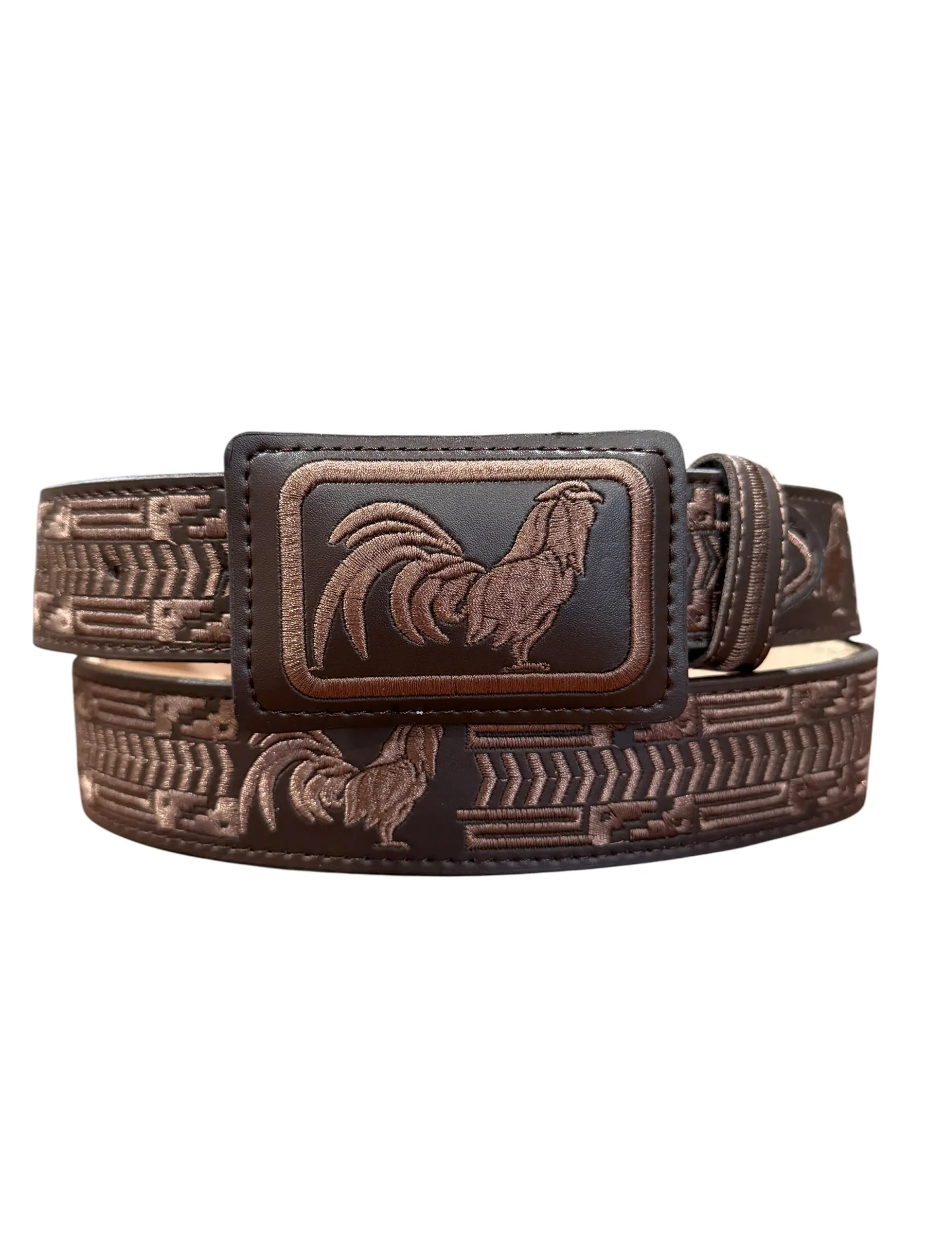 Brown Western Style Embroidered Rooster Leather Belt Cinto Vaquero Bordado Cafe con Gallo