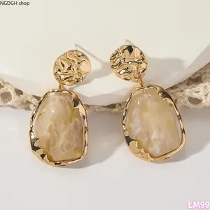 Gold Marble Statement Earrings - Trendy Irregular Cream Marbled Resin Drop Earrings with Textured Gold Frame, Lightweight Hypoallergenic Bold Jewelry for Women, Perfect for Daily Office Party Date Night Vacation & Elegant Glam Looks