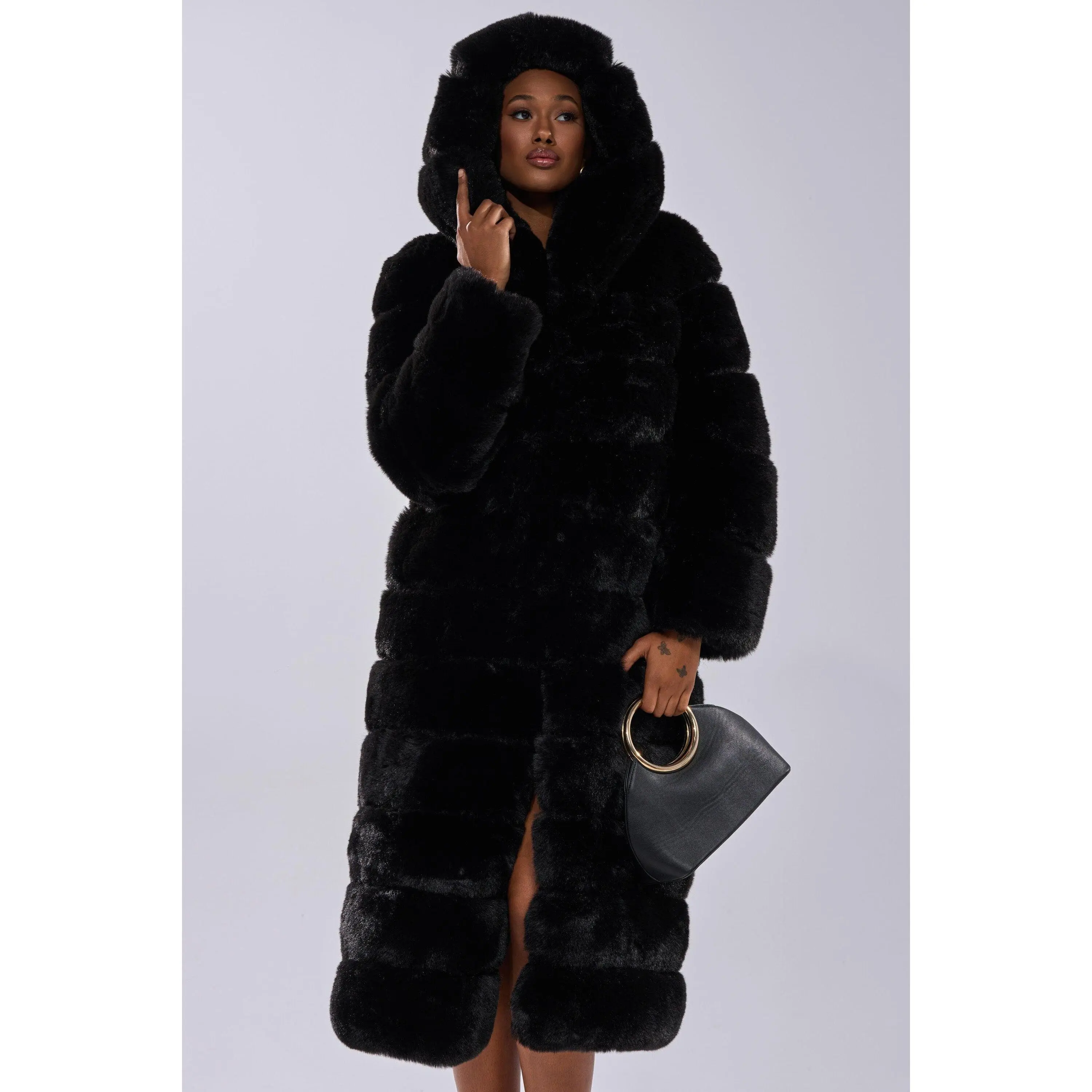 FAUX FUR PANEL HOODED TRENCH IN BLACK