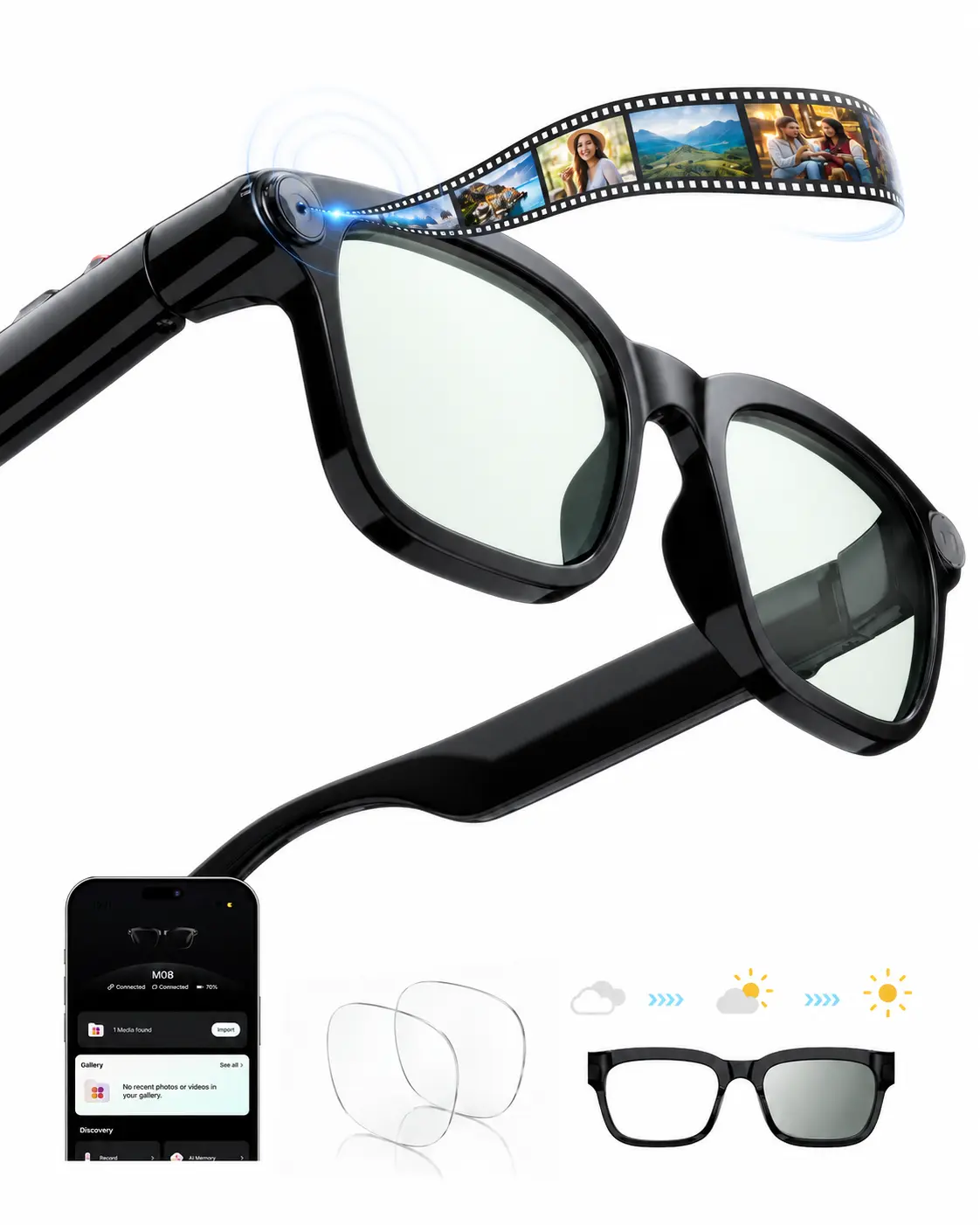 Classic AI Wearable Recording Glasses - 8MP Digital Camera Eyewear with Photochromic Lenses, Hands-Free Vlog Photo & Video Capture, Realtime Trans, Wireless Smart Audio, Phone Sync, Privacy Light, Batteries, Glasses Cleaning Cloth for Travellers & Cycling
