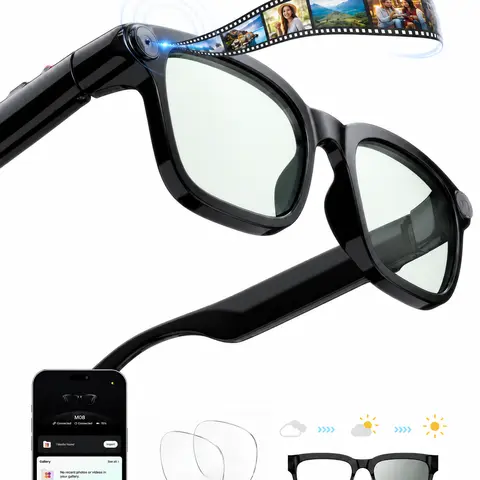 Classic AI-Powered Smart Glasses with 8MP Camera - Photochromic Lenses, Hands-Free Vlogging Equipment, Realtime Translation, Bluetooth Audio, Phone Sync, Privacy Light, 8H Batteries, Cleaning Cloth, Gifts for Adults, Cool Gadgets for Adults (Travellers)
