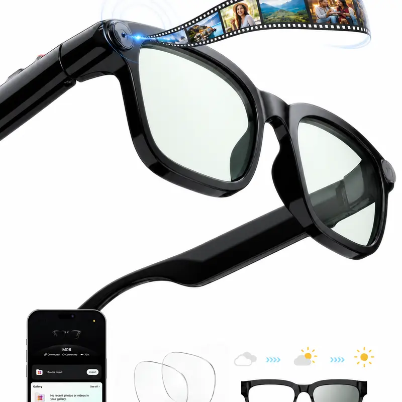 Classic AI-Powered Smart Glasses with 8MP Camera - Photochromic Lenses, Hands-Free Vlogging Equipment, Realtime Translation, Bluetooth Audio, Phone Sync, Privacy Light, 8H Batteries, Cleaning Cloth, Gifts for Adults, Cool Gadgets for Adults (Travellers)
