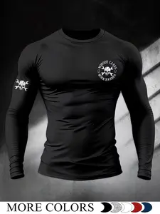 Men's Skull Pattern Long Sleeve T-Shirt, Gothic Skeleton Print Fitted Muscle Top, Dark Street Style Sports Base Layer