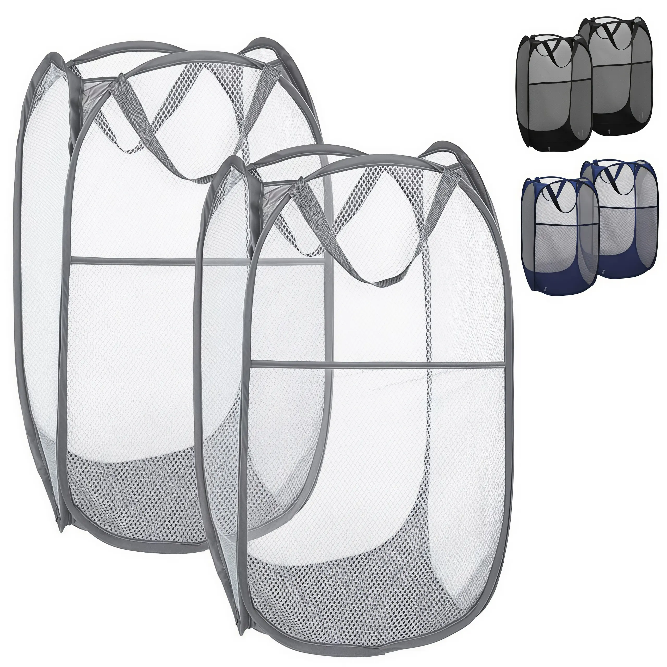 LMMAKE 2PCS Pop Up Laundry Baskets, Collapsible Mesh Hampers with Side Pockets, Sturdy Reinforced Handles, Portable Wide Opening High-Capacity Space-Saving Dirty Clothes Storage for Homes, Dorms