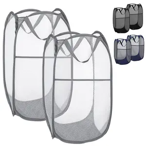 LMMAKE 2Pcs Collapsible Mesh Pop Up Laundry Hamper with Wide Opening & Side Pocket Breathable Sturdy Space Saving Design for Clothes Storage Black Hamper for Travel & Home Use