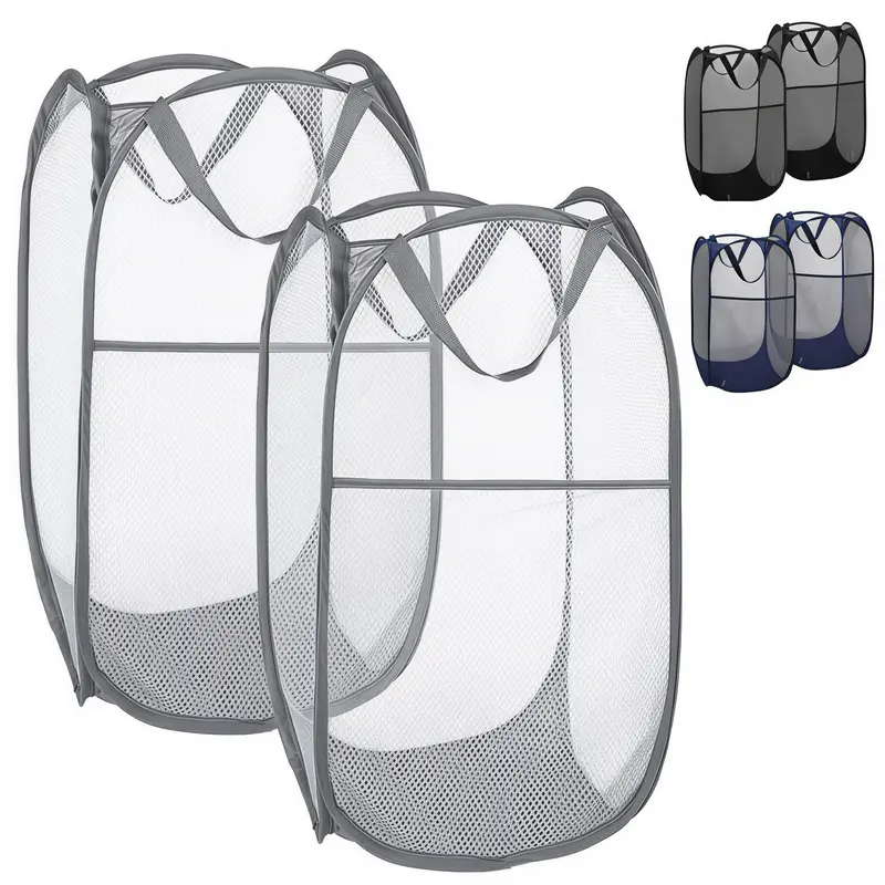 LMMAKE 2PCS Pop Up Laundry Baskets, Collapsible Mesh Hampers with Side Pockets, Sturdy Reinforced Handles, Portable Wide Opening High-Capacity Space-Saving Dirty Clothes Storage for Homes, Dorms