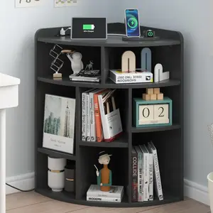 Corner Cube Shelf with USB Ports & Outlets, Modern Corner Toy Storage Rack with Adjustable Shlef, Wooden Display Bookshelf Bookcase for Living Room, Bedroom, Dining Room, Kitchen, Black