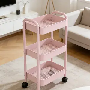 Versatile Rolling Storage Trolley Metal Construction Lockable Silent Wheels Space-Saving Organizer for Kitchen Bathroom Daily Sundries Pink White Classic Colors stand memory box