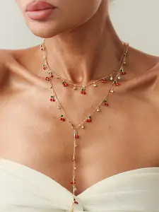 Vintage Metal Cherry Y-Shaped Long Necklace Set, Elegant Rhinestone Pendant Necklaces for Women, Perfect Gift for Friends