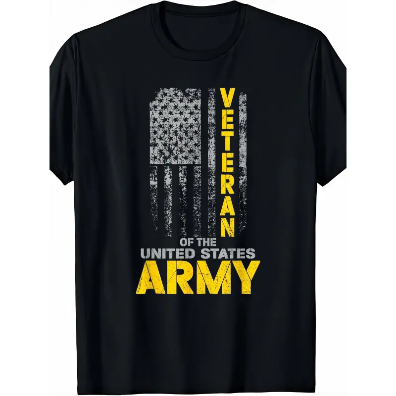 US Veteran 100% Cotton T-Shirt - Menswear Short Sleeve Round Neck Top, Patriotic Military Apparel with American Flag & Veteran Design, Black with Yellow Lettering, Comfort Fit Streetwear Casual Shirt for Men
