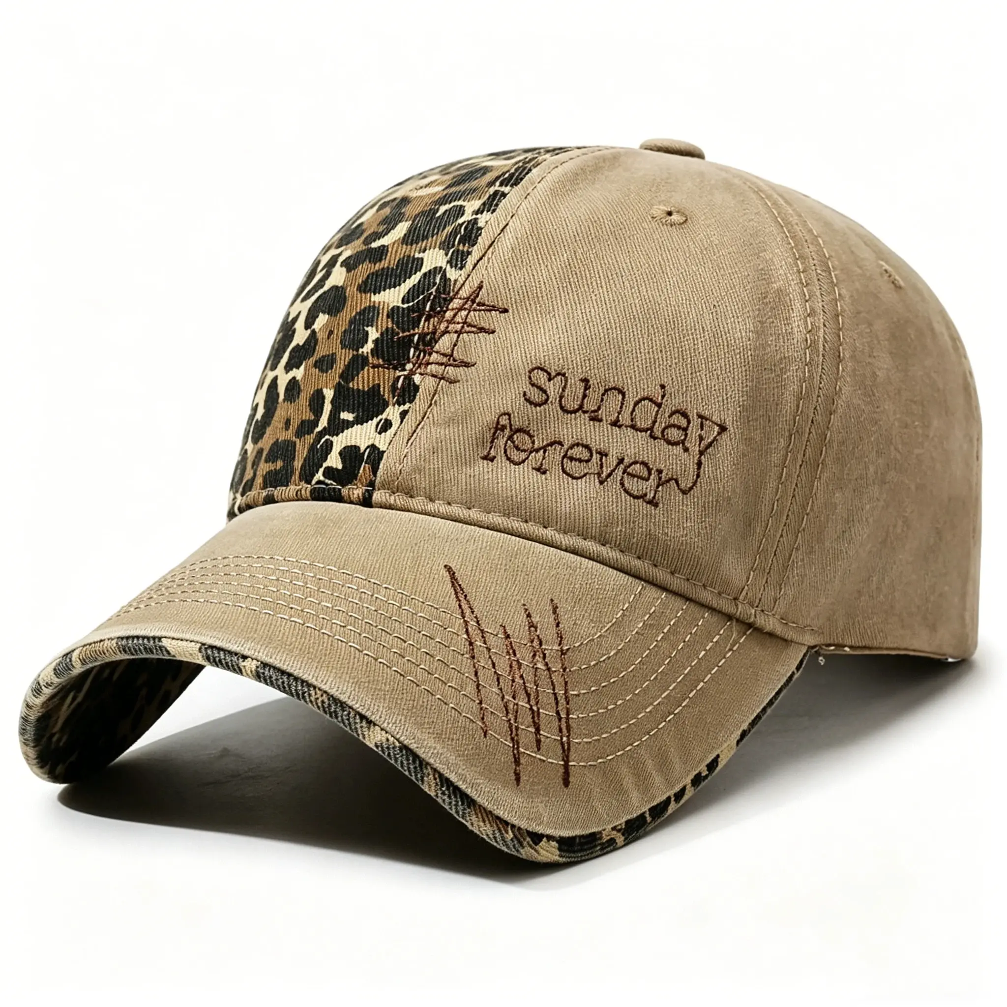 Leopard Print Dad Hat Patchwork Washed Distressed Embroidered Curved Brim Baseball Cap Unisex