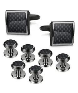 8 Pieces Mens Carbon Fiber Cufflinks and Shirt Studs Set,Tuxedo Shirts Business Wedding Silver Black Gold Tone,Christmas Party Gifts,DIY Hand Tools Kits