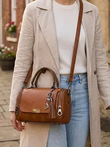 Vintage Boston Bag, New Women's Shoulder Crossbody Bag, Amber Glow Handbag with Fringe, Perfect for Vacation Shopping Office