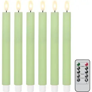 Real Wax LED Flameless Taper Candles with Remote Timer, 9.45 Inches Flameless Candles, Battery Operated Window Candle with 3D Flickering Flame for Wedding Halloween Home Xmas Decor Green
