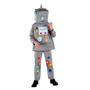 Robot Costume Dress For Kids - Metallic Gray Jumpsuit with Printed Dials & Robot Headpiece - Boys Costume For Halloween, Role Play , Pretend Play Fun, Theme Party & Cosplay Costume Party
