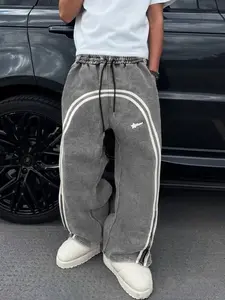 Cotton Men's Plain Color Patchwork Front Drawstring Pocket Casual Sweatpants, Drawstring Waist, Printed Wide Leg, Zipper Design