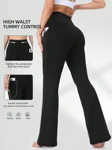 Women's Flared Yoga Pants,High-Waisted Stretchy Lounge Pants, Tummy Control Wide Waistband,With Phone Pockets,Sports Yoga Leggings, Black, Autumn/Winter