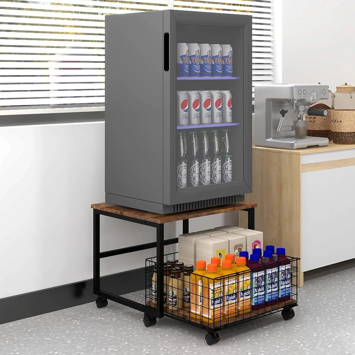 19.7"x19.7" Mobile Fridge Stand with Foldable Basket, Retro | Rolling Mini Fridge Stand with Lockable Wheels Heavy Duty Refrigerator Cart Appliance Table for Dorm Bedroom Apartment